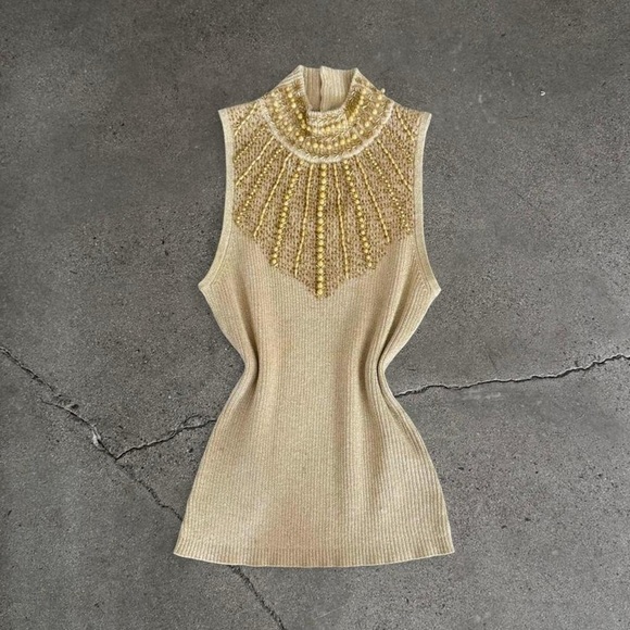 Cache Tops - Cache Gold Knit Top with Beaded Detail